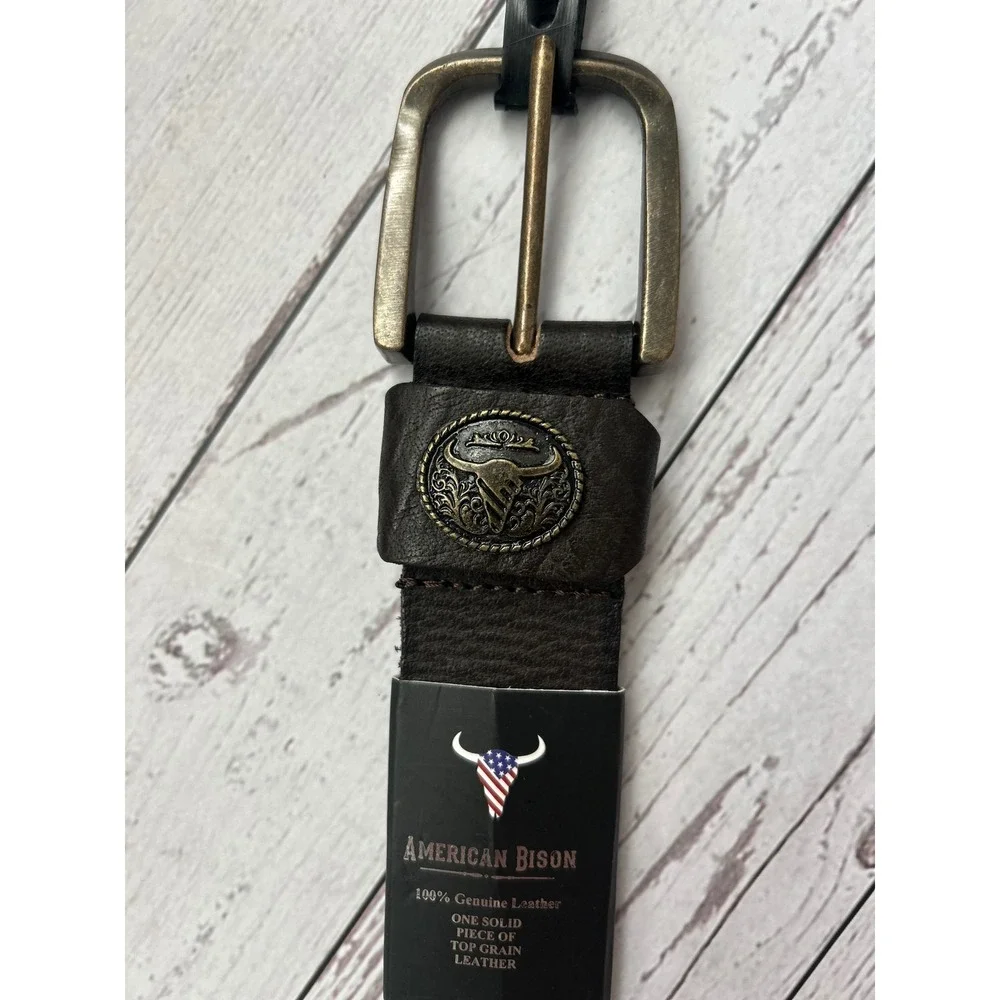American Bison Mens Brown Top Grain Leather Belt Size 34 Brass Buckle Concho NEW